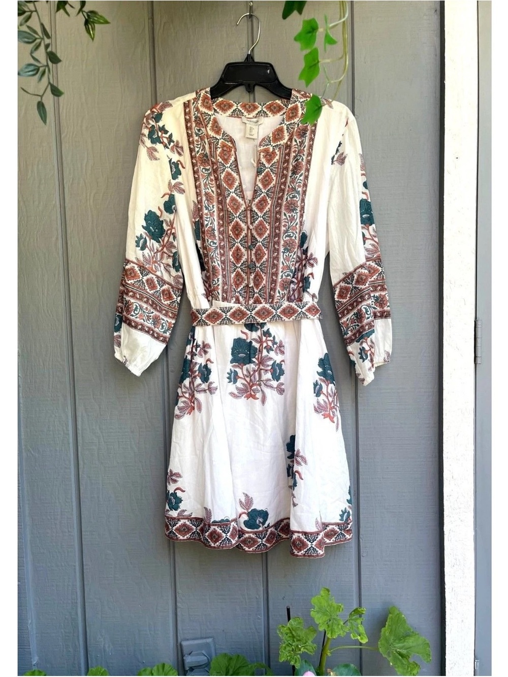 Haute Hippie White Mini Dress with Rust & Teal Embroidery
